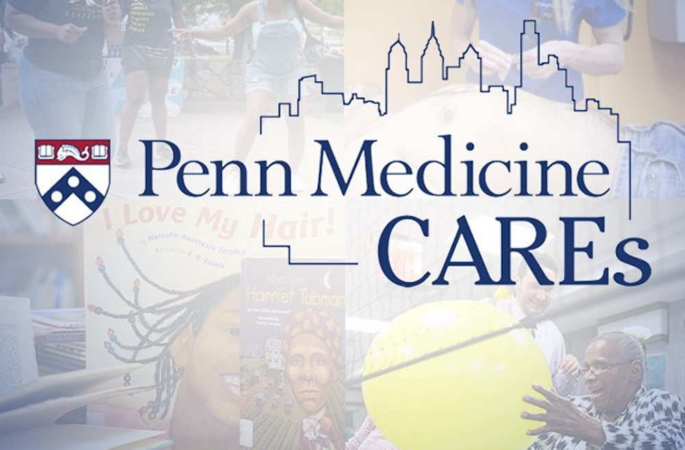 A collage of four images, showing patient care and community service events, with the Penn Medicine CAREs logo.